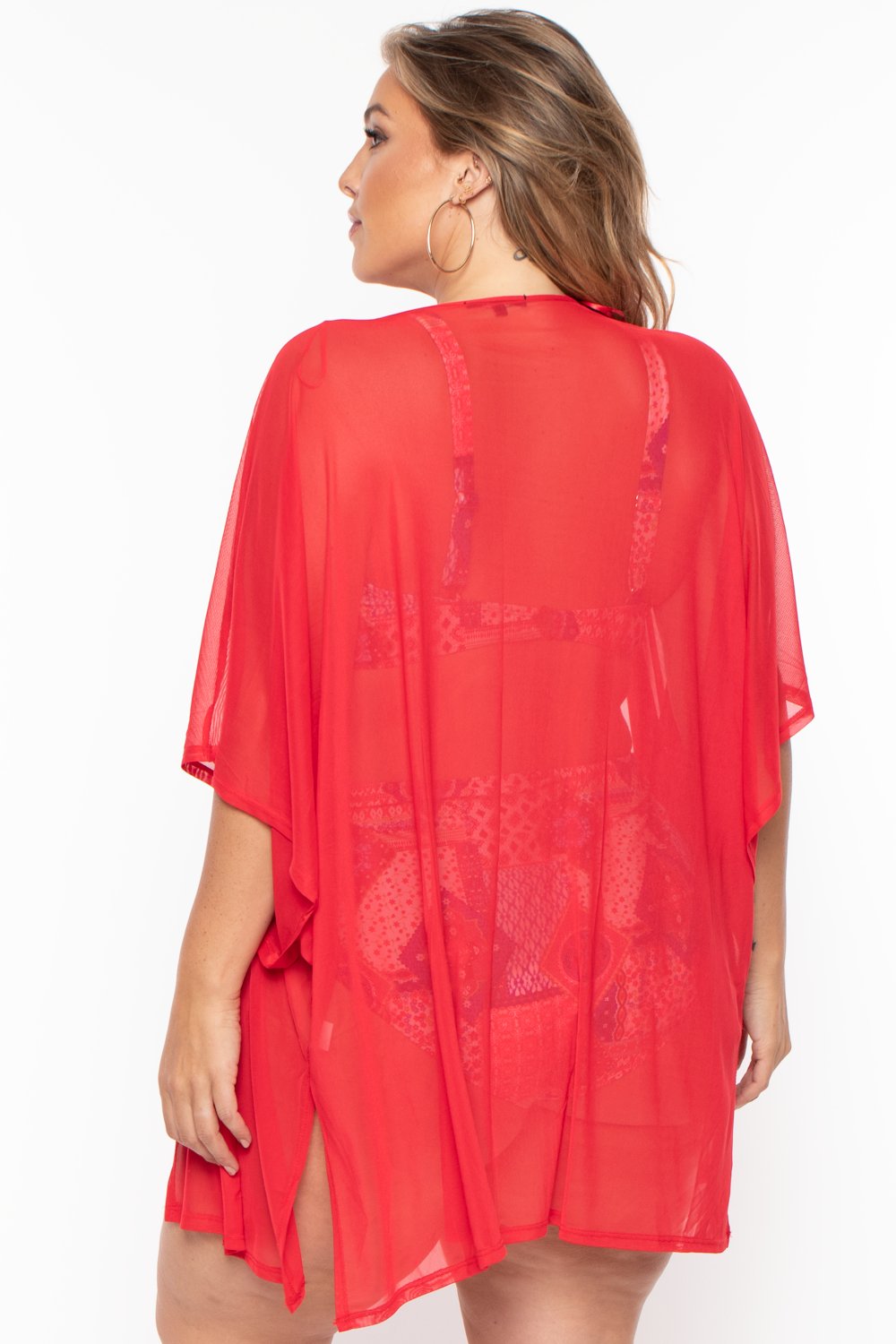 Plus Size Mesh Kimono - Red - Curvy Sense