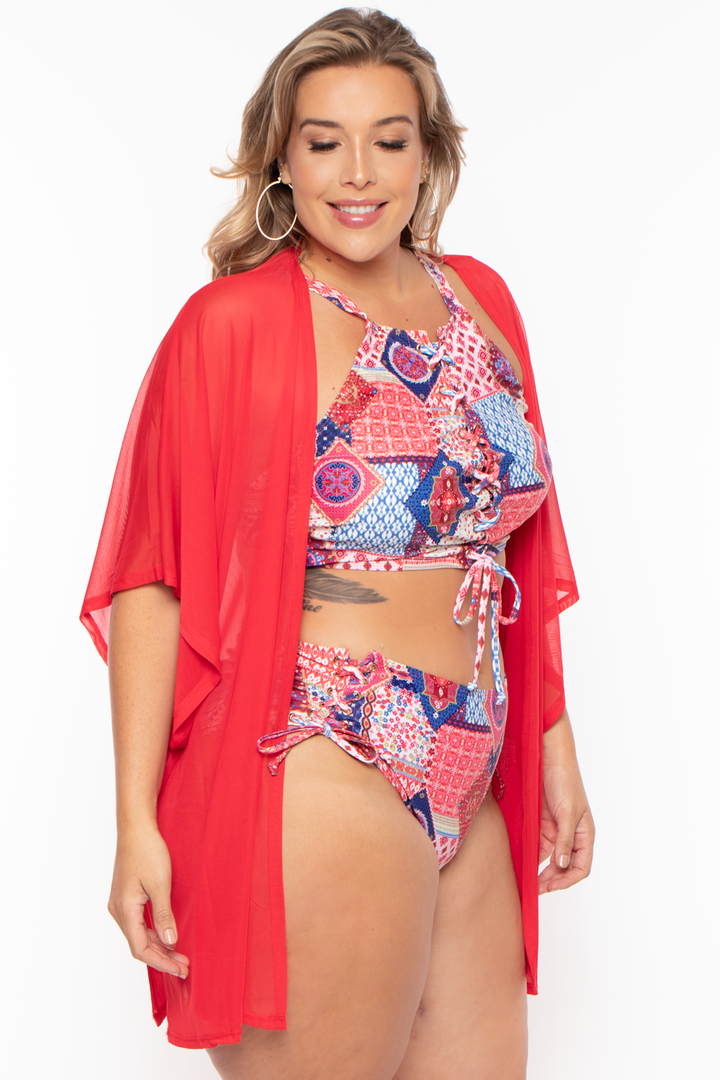 Plus Size Mesh Kimono - Red - Curvy Sense