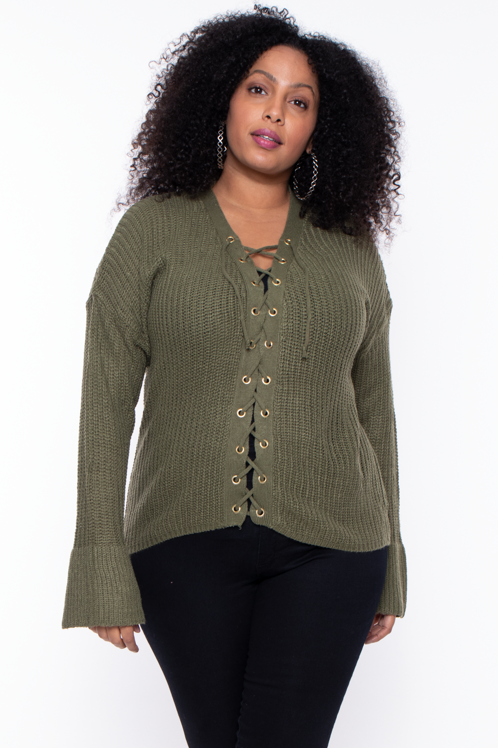 Plus Size Mia Ribbed Lace-Up Sweater- Olive