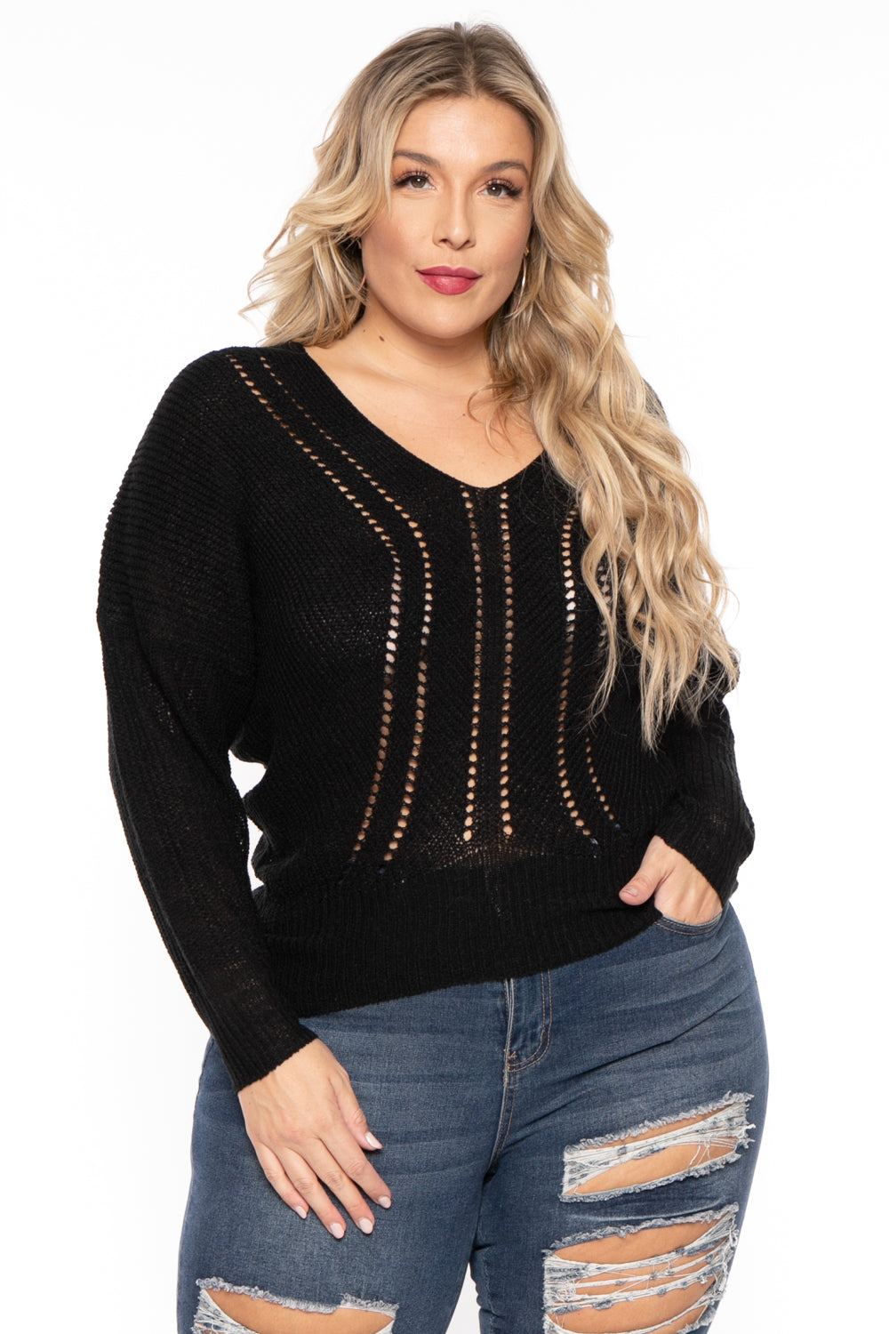 Bluebell Sweaters & Cardigans 1X / Black Plus Size Pointelle Tunic Sweater - Black