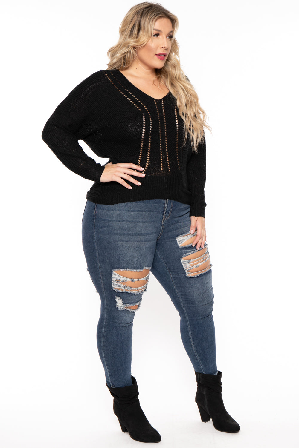 Bluebell Sweaters & Cardigans Plus Size Pointelle Tunic Sweater - Black