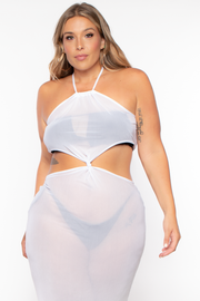 Plus Size Halter Mesh Cover-Up Dress - White - Curvy Sense