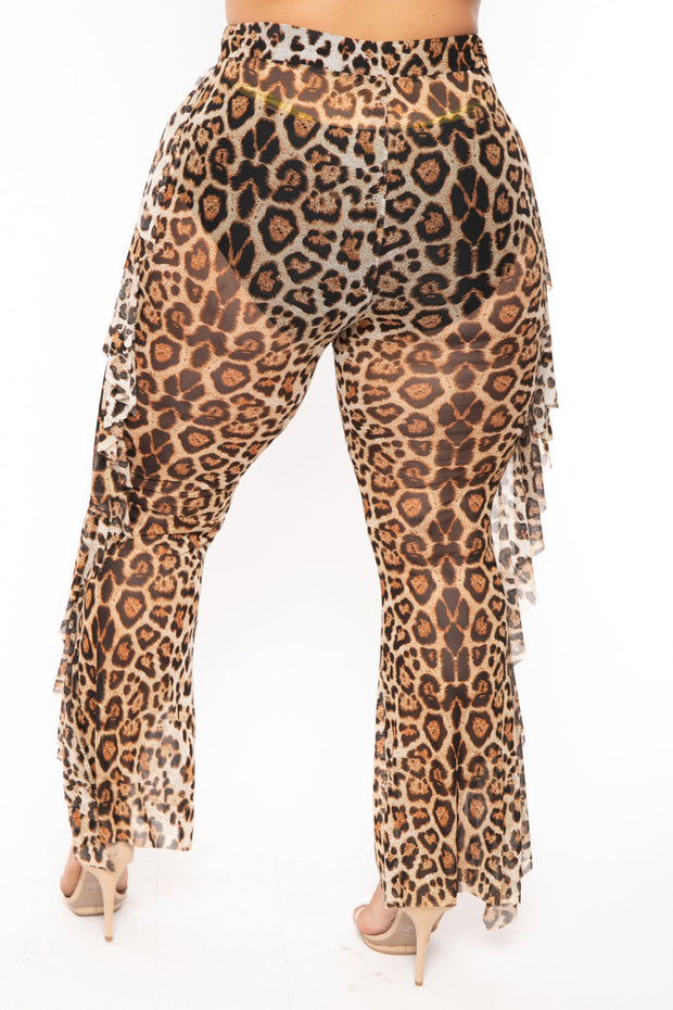 Curvy Sense Swimwear Plus Size Leopard Print Mesh Ruffle Pants - Taupe