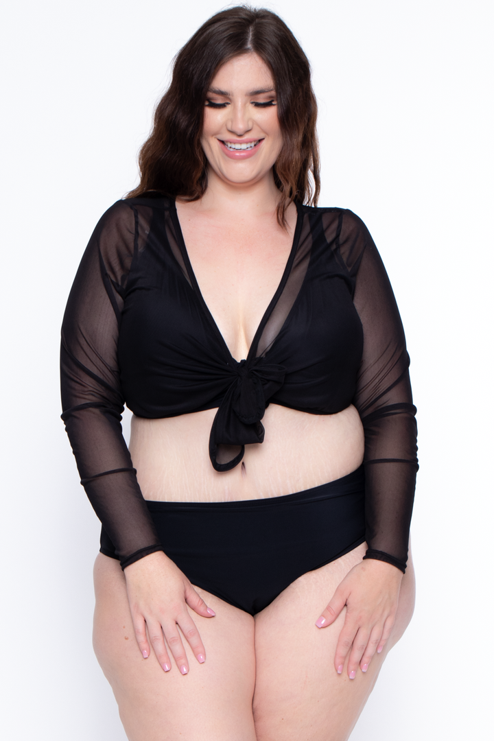 Plus Size Solid Mesh Front Tie Crop Top - Black - Curvy Sense