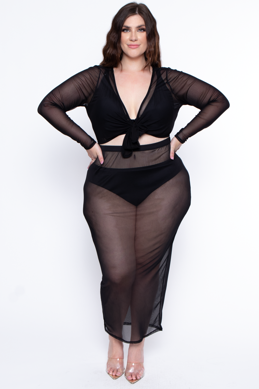 Plus Size Solid Mesh Front Tie Crop Top - Black - Curvy Sense