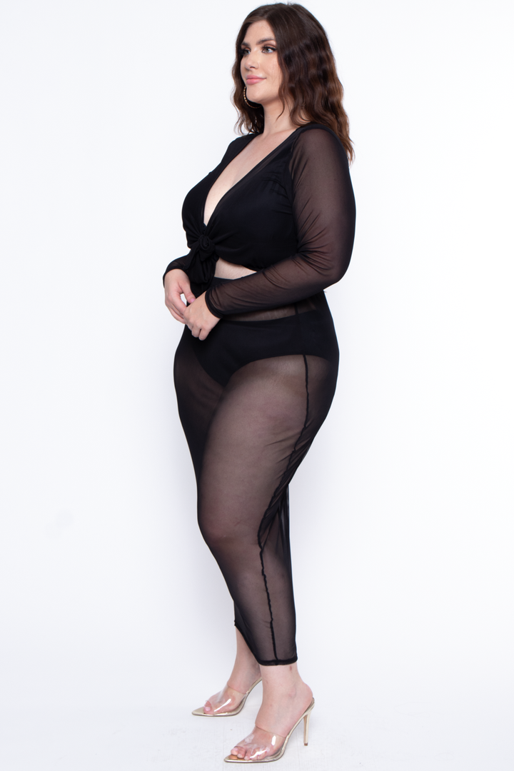 Plus Size Solid Mesh Front Tie Crop Top - Black - Curvy Sense