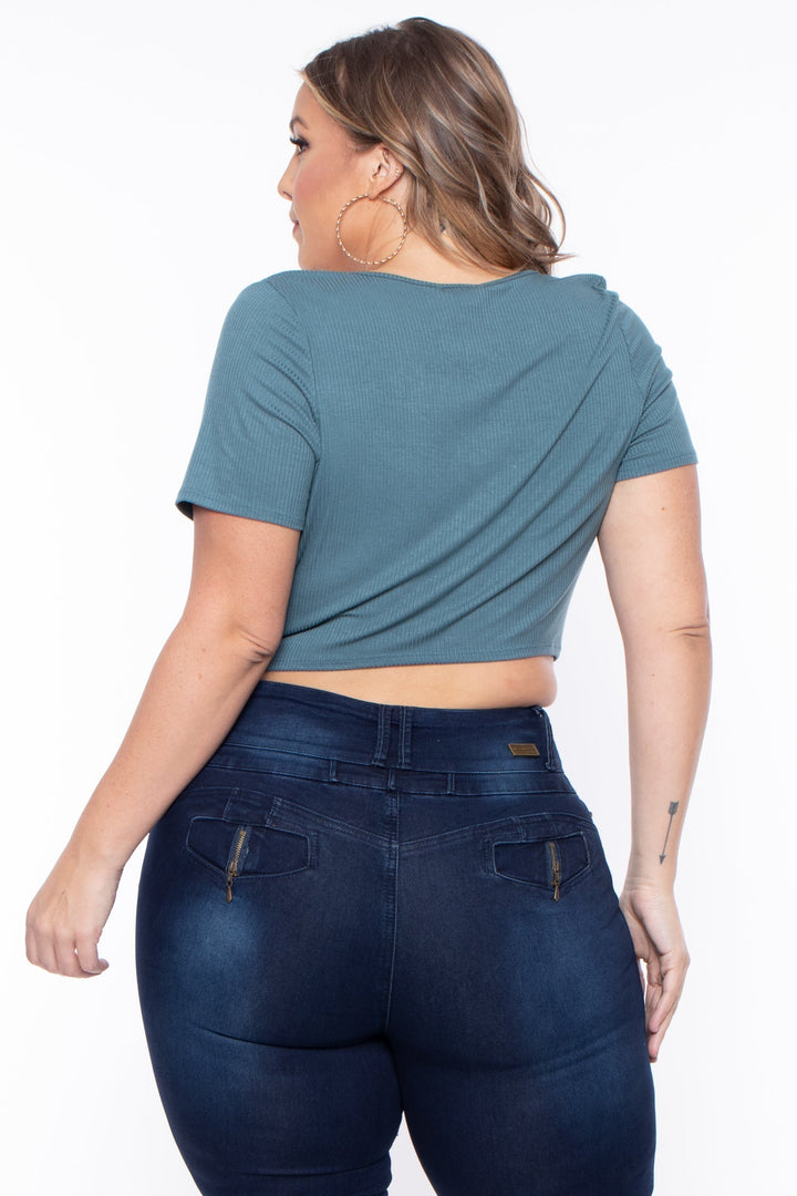 Plus Size Alina Ribbed Crop Top  - Teal - Curvy Sense