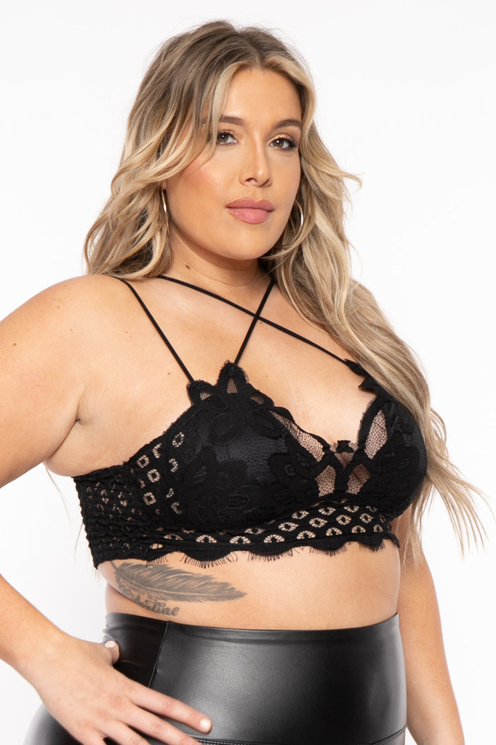 Zenana Tops Plus Size Crochet Lace Cami Bralette- Black