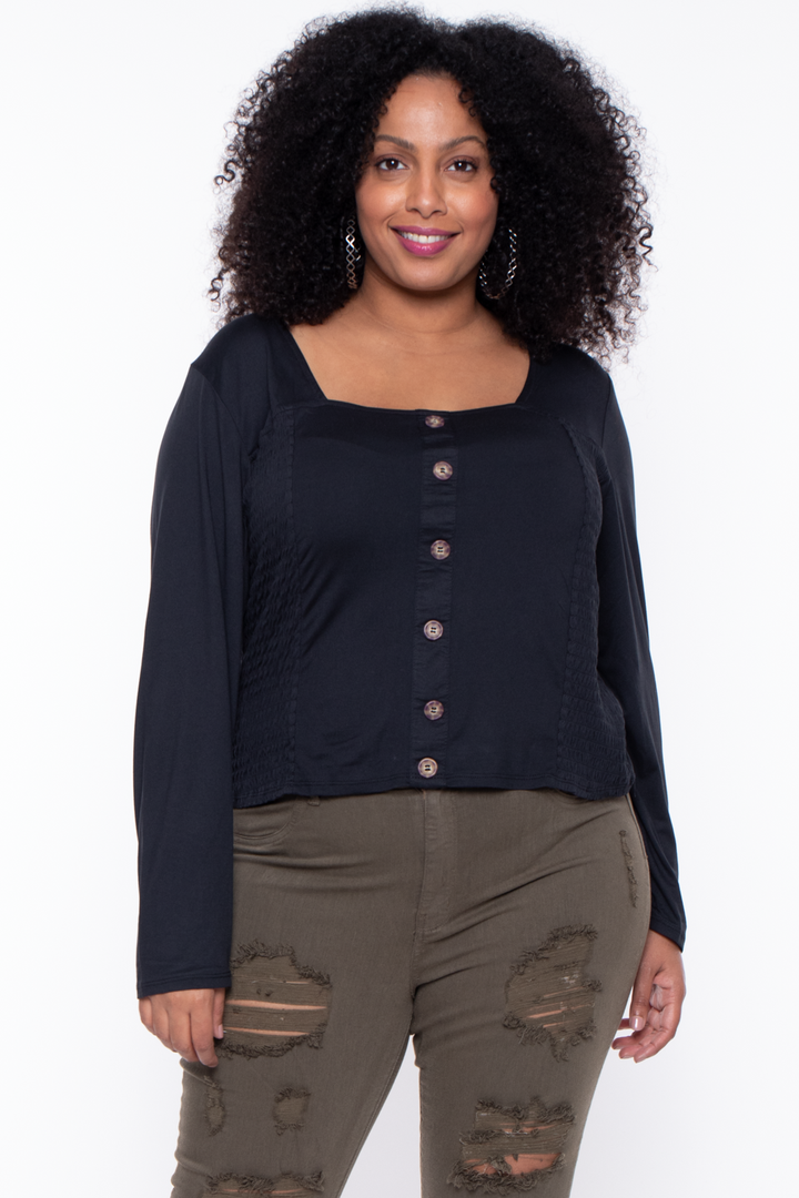 Plus Size Crop Smocked Blouse - Black - Curvy Sense