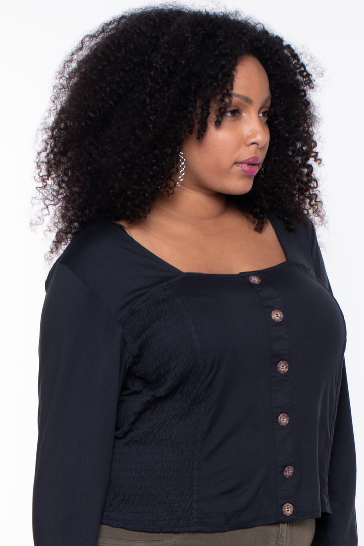 Plus Size Crop Smocked Blouse - Black - Curvy Sense