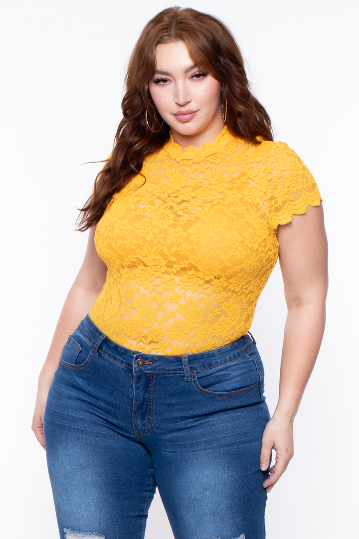 Plus Size Floral Lace Top - Mustard - Curvy Sense
