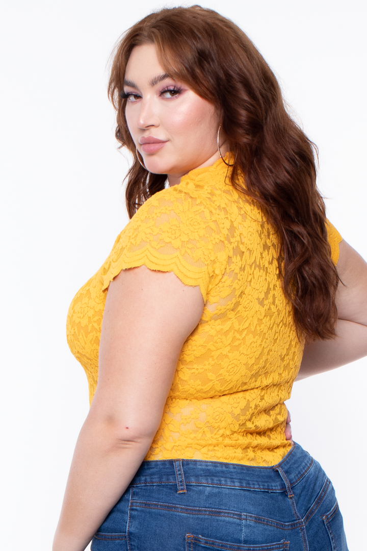 Plus Size Floral Lace Top - Mustard - Curvy Sense