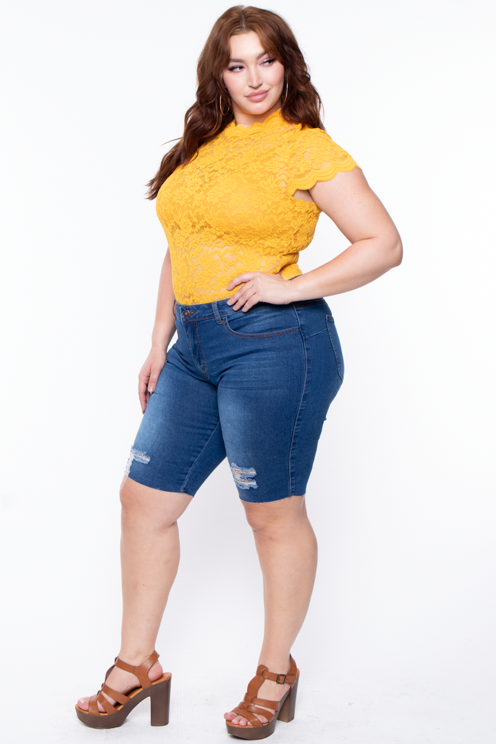 Plus Size Floral Lace Top - Mustard - Curvy Sense