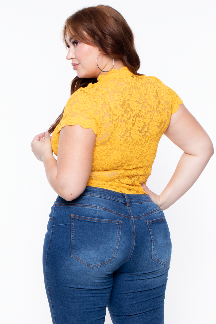 Plus Size Floral Lace Top - Mustard - Curvy Sense