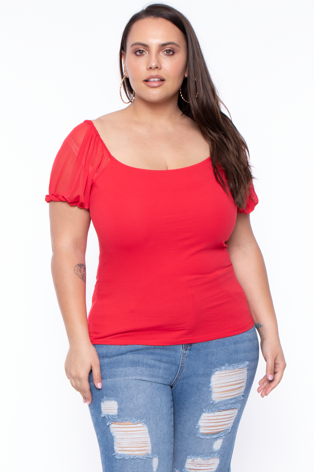Plus Size Mesh Sleeves Blouse - Red - Curvy Sense