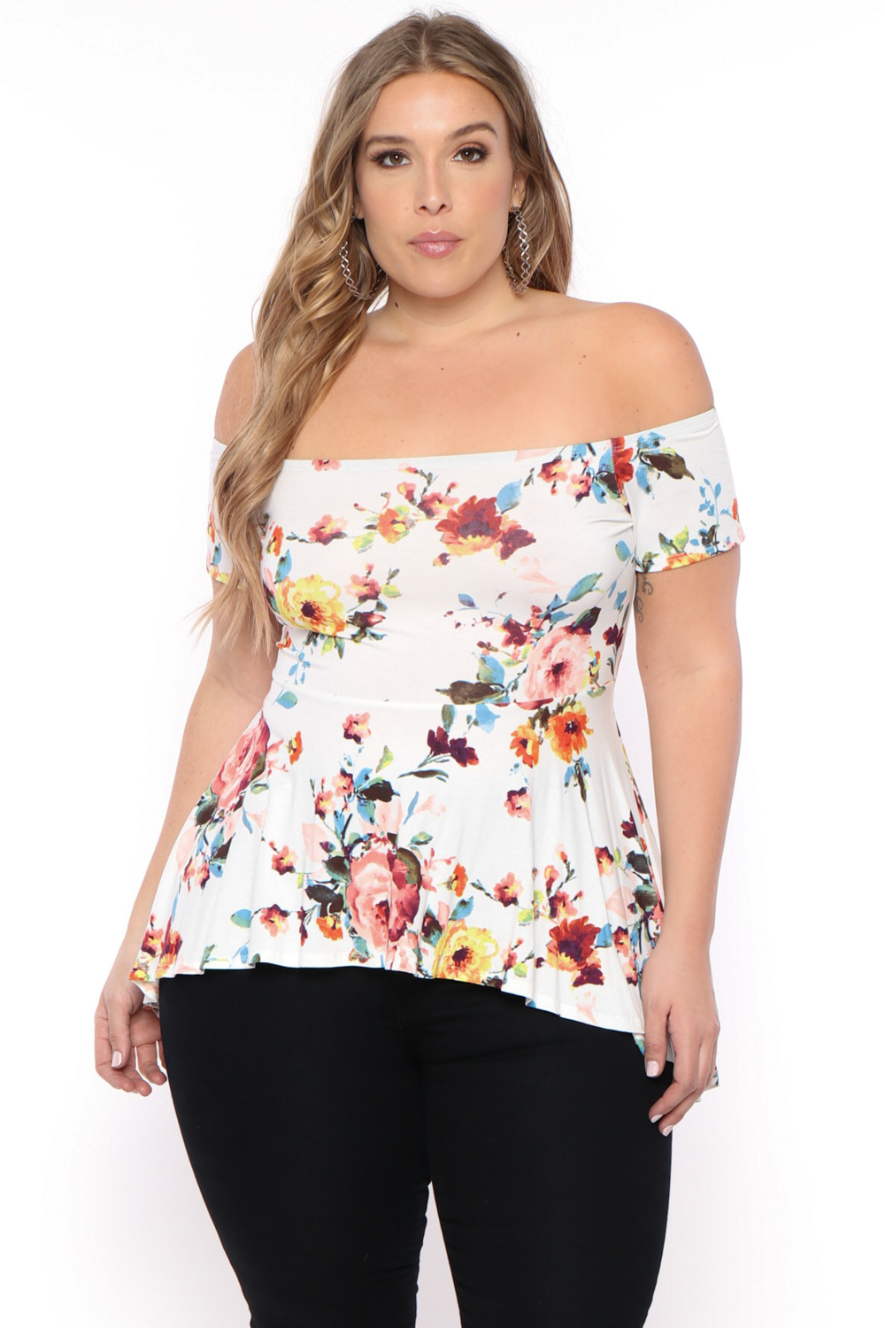 Plus Size Nina Belted High-Low Top - Ivory Floral - Curvy Sense