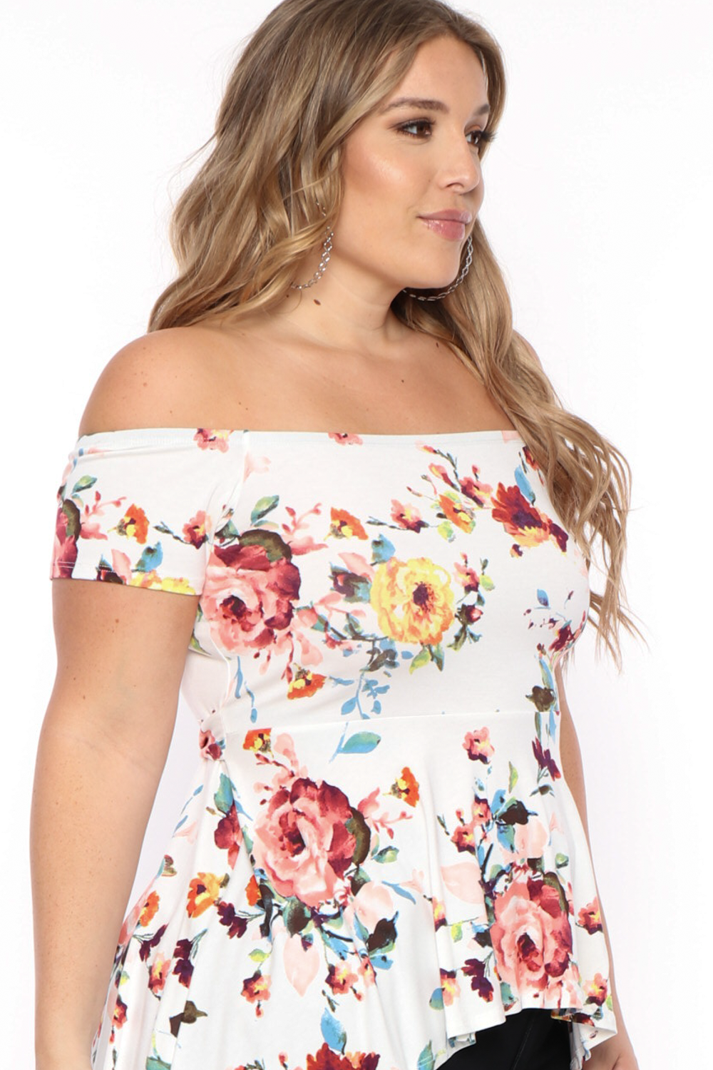 Plus Size Nina Belted High-Low Top - Ivory Floral - Curvy Sense