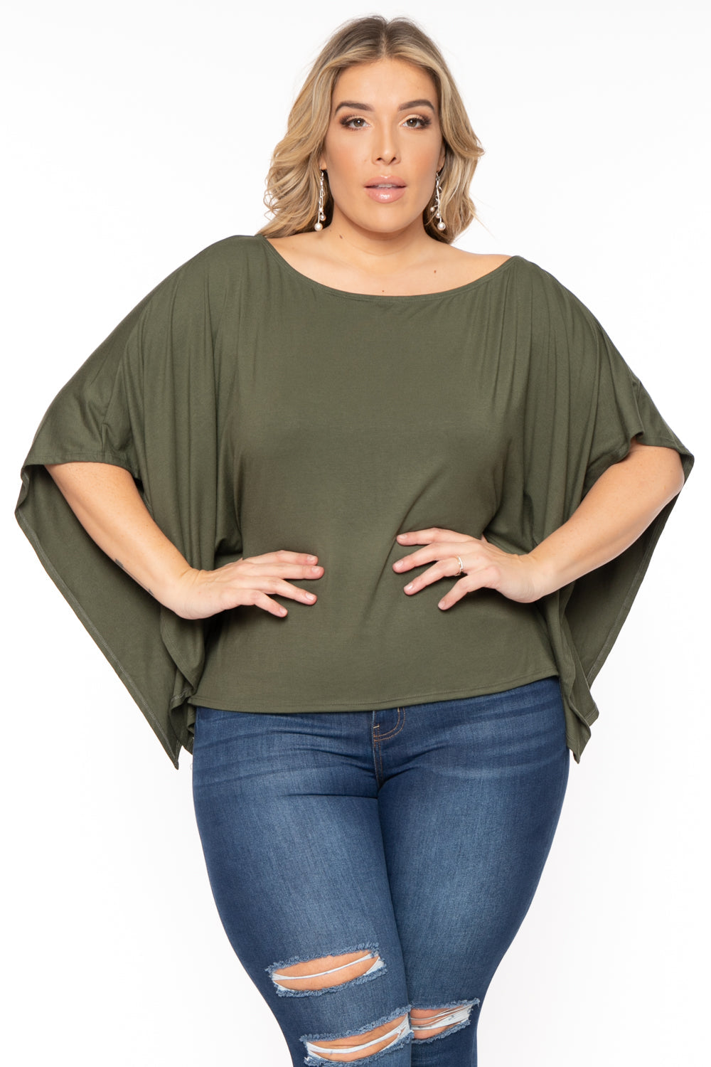 Curvy Sense Tops 1X / Olive Plus Size Off The Shoulder Top - Olive