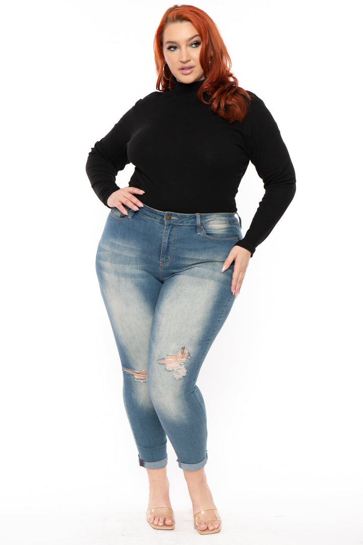 Ambiance Tops Plus Size Ribbed Turtleneck Top - Black