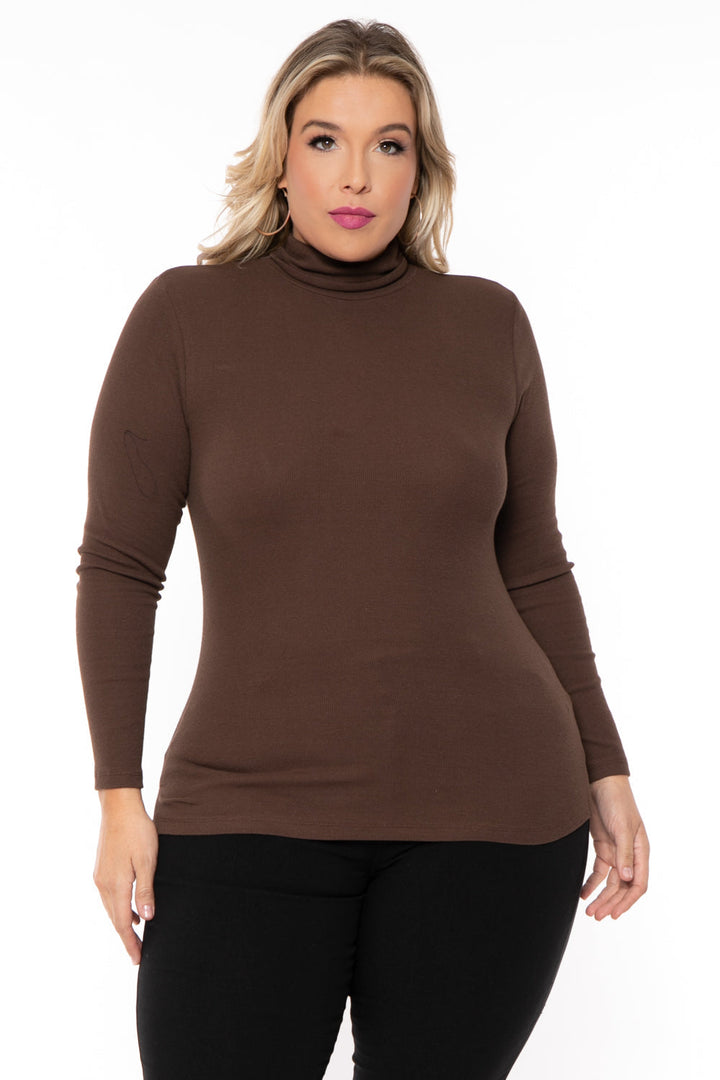 Ambiance Tops 1X / Brown Plus Size Ribbed Turtleneck Top - Brown