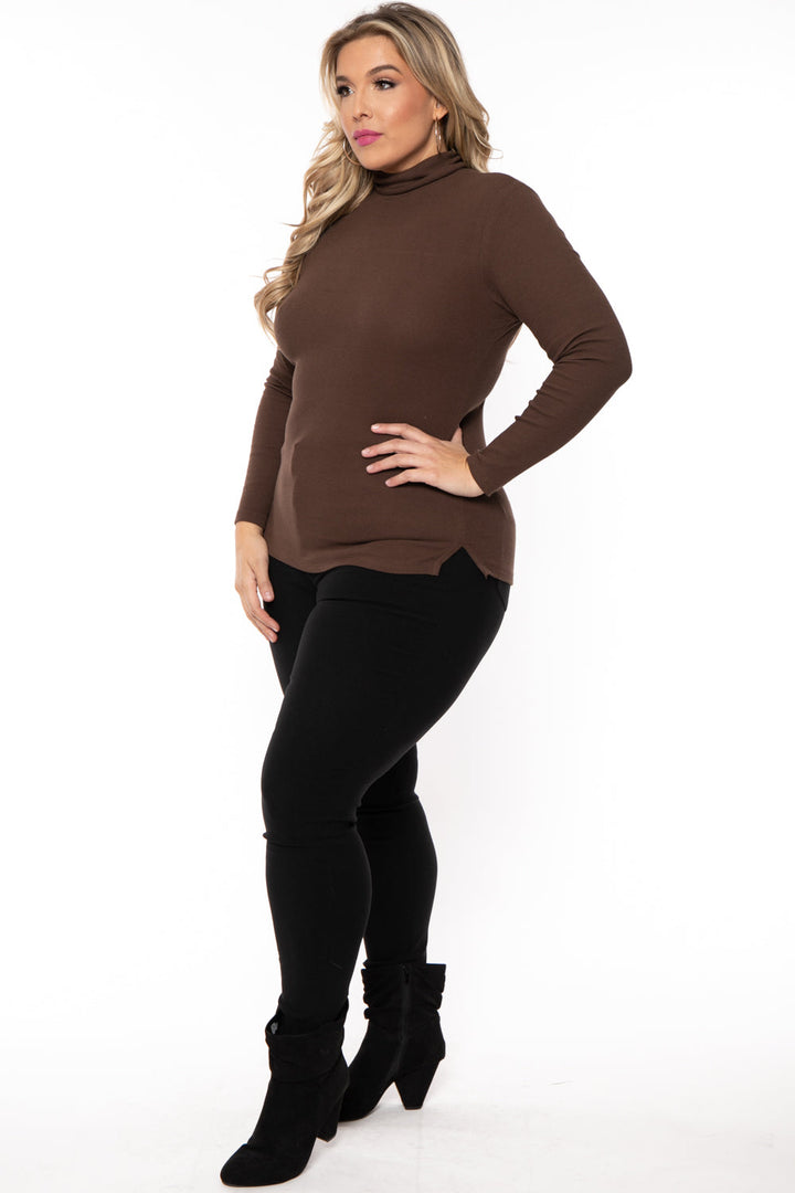 Ambiance Tops Plus Size Ribbed Turtleneck Top - Brown
