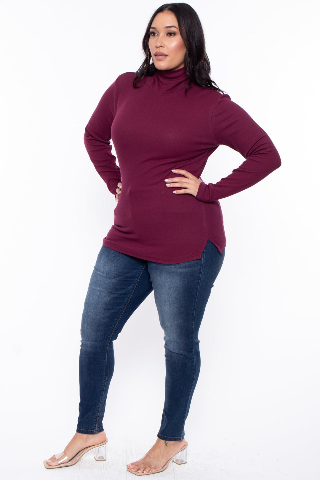 Ambiance Tops Plus Size Ribbed Turtleneck Top - Burgundy