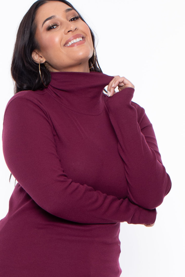 Ambiance Tops Plus Size Ribbed Turtleneck Top - Burgundy