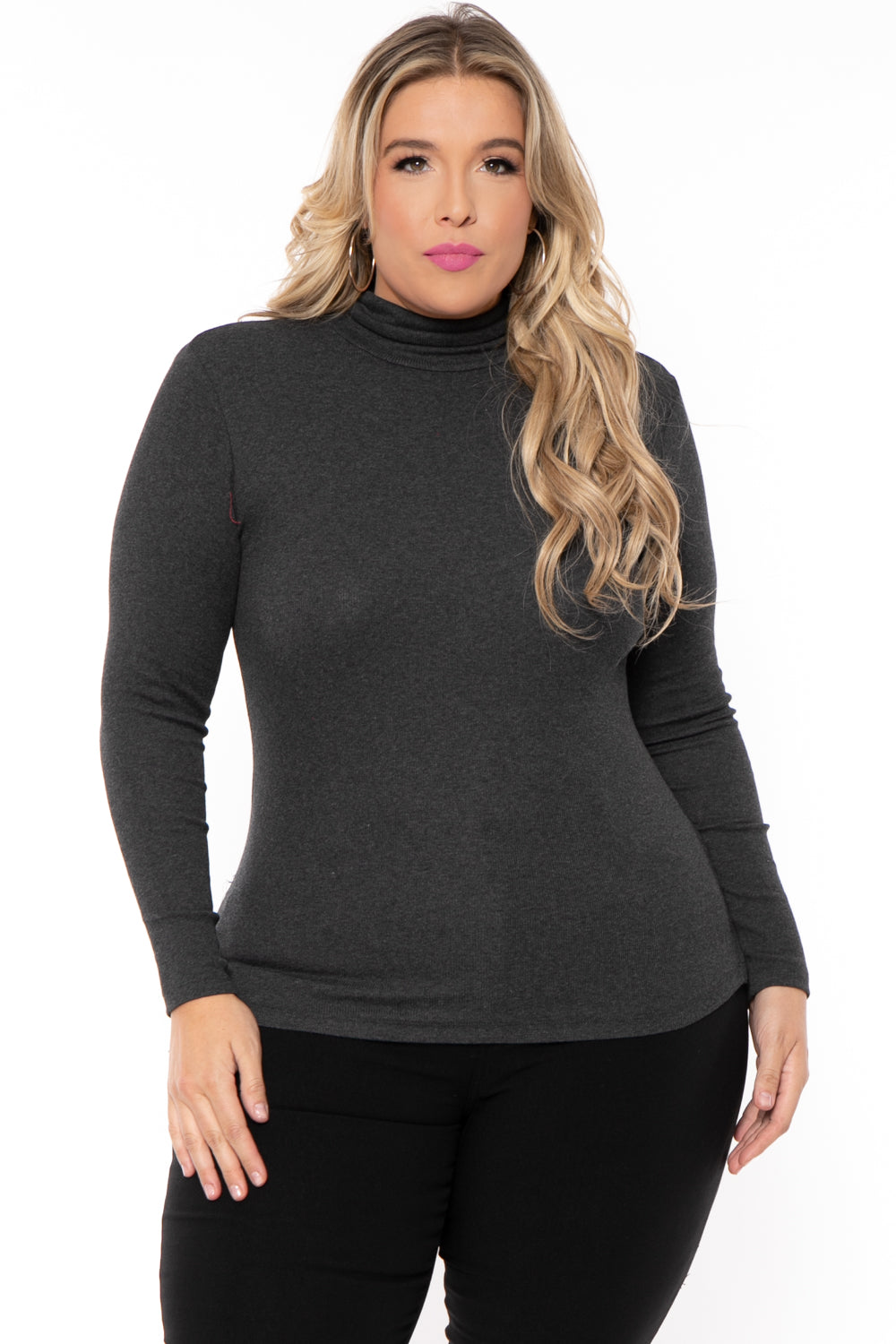 Ambiance Tops 1X / Charcoal Plus Size Ribbed Turtleneck Top - Charcoal