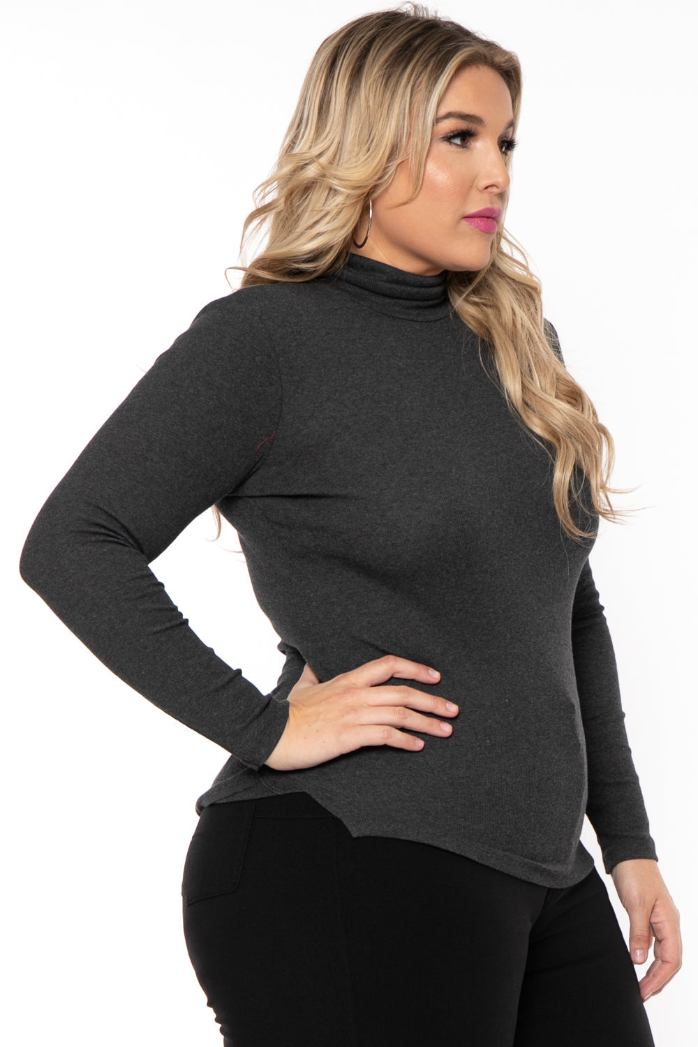Ambiance Tops Plus Size Ribbed Turtleneck Top - Charcoal