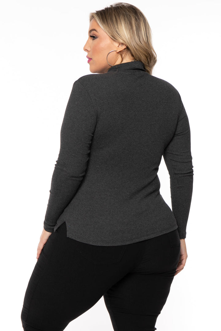 Ambiance Tops Plus Size Ribbed Turtleneck Top - Charcoal