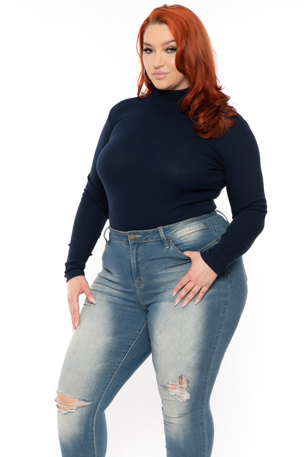 Ambiance Tops Plus Size Ribbed Turtleneck Top - Navy