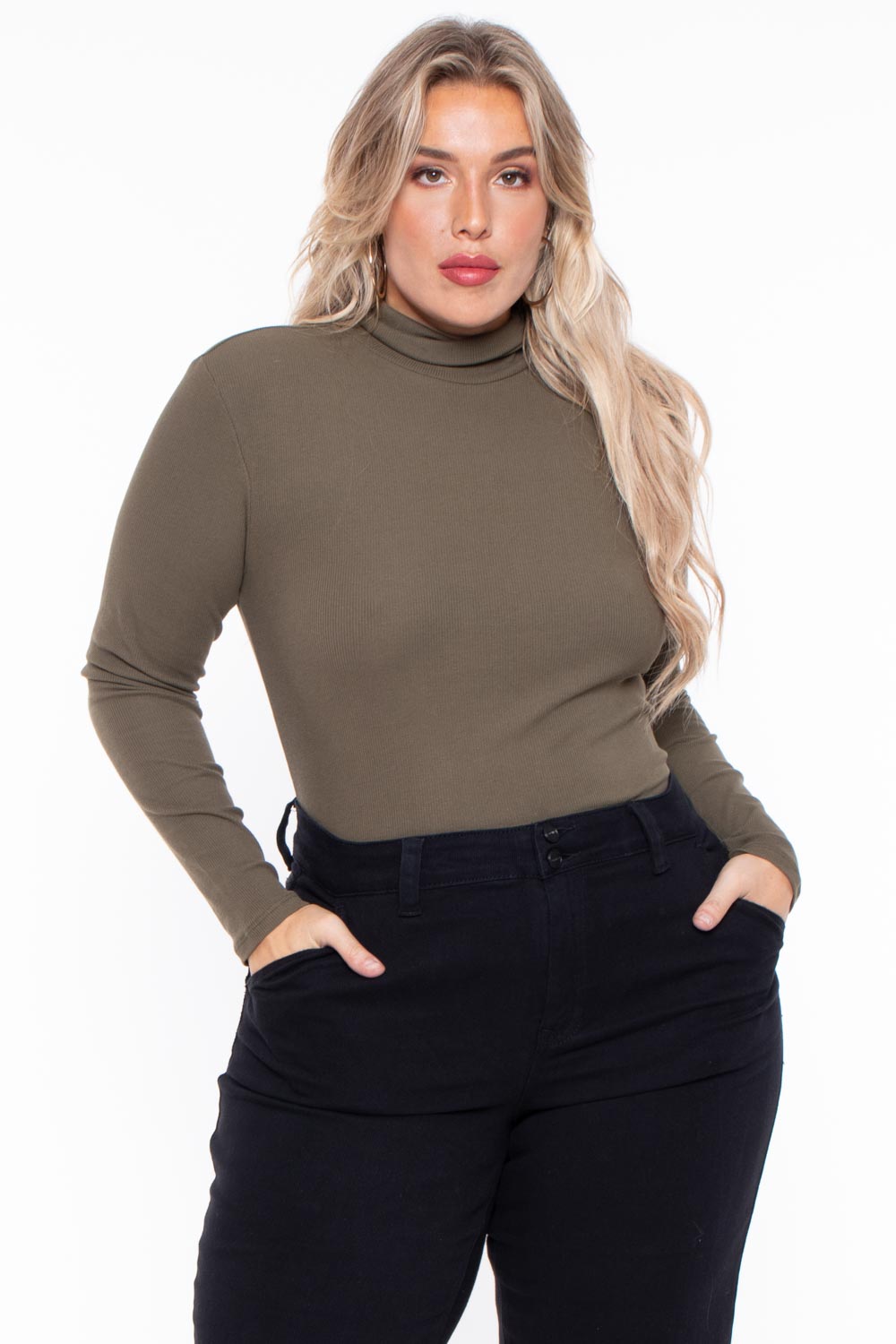Ambiance Tops Plus Size Ribbed Turtleneck Top - Olive