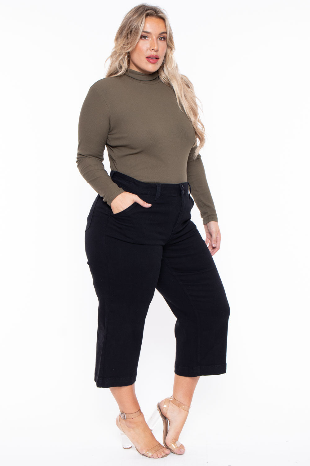 Ambiance Tops 1X / Olive Plus Size Ribbed Turtleneck Top - Olive