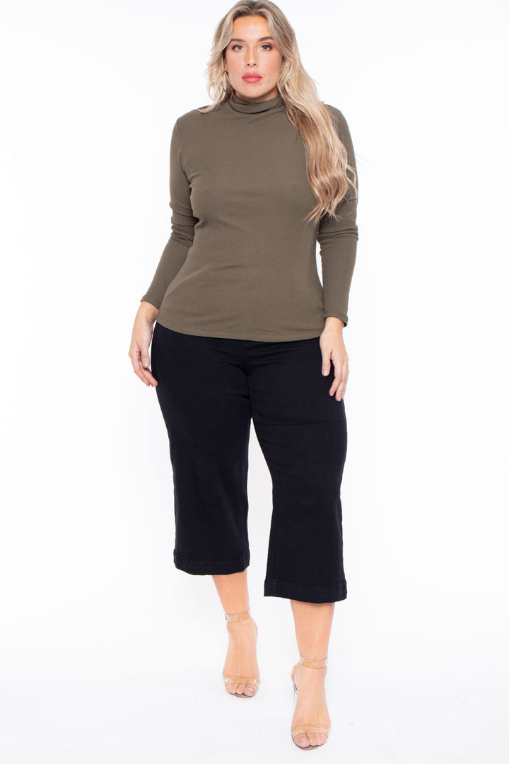 Ambiance Tops Plus Size Ribbed Turtleneck Top - Olive