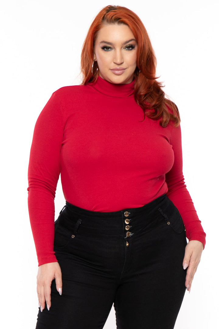 Ambiance Tops 1X / Red Plus Size Ribbed Turtleneck Top - Red