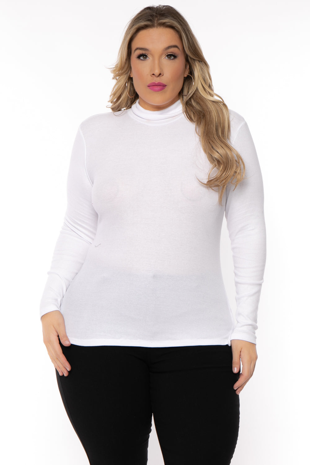 Ambiance Tops 1X / White Plus Size Ribbed Turtleneck Top - White