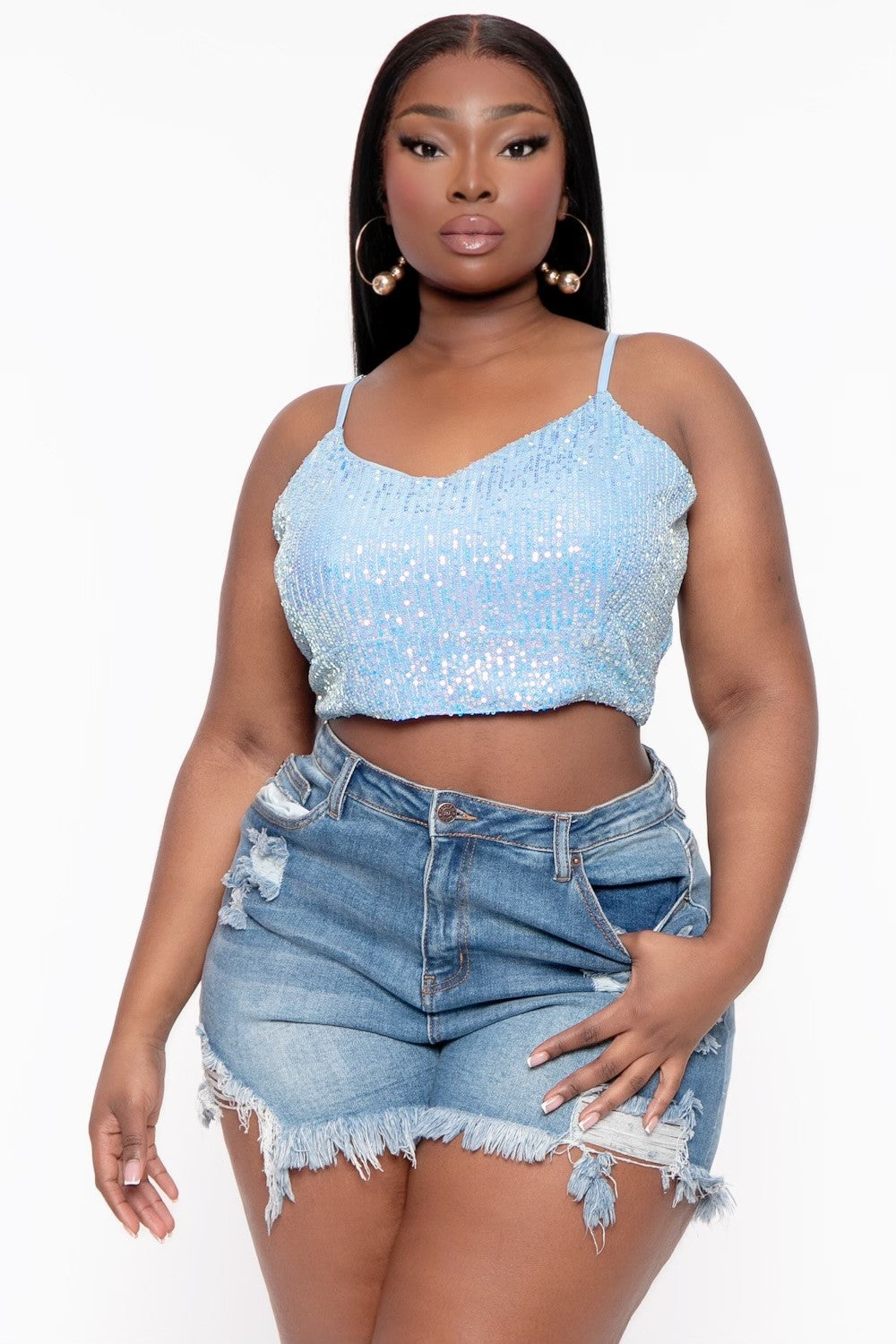 GEE GEE Tops Plus Size Sequins Cropped Top - Blue