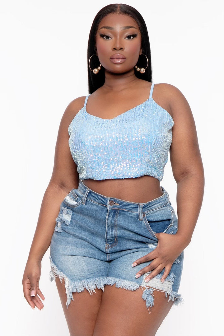 GEE GEE Tops Plus Size Sequins Cropped Top - Blue