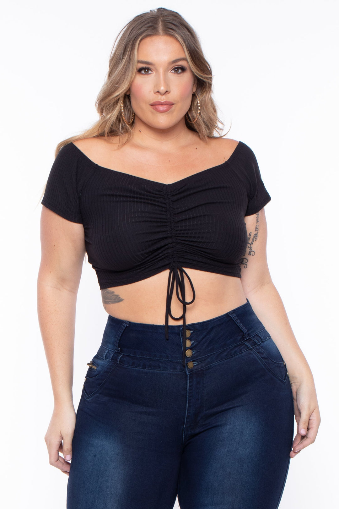 Plus Size Tamara Ribbed Crop Top  - Black - Curvy Sense