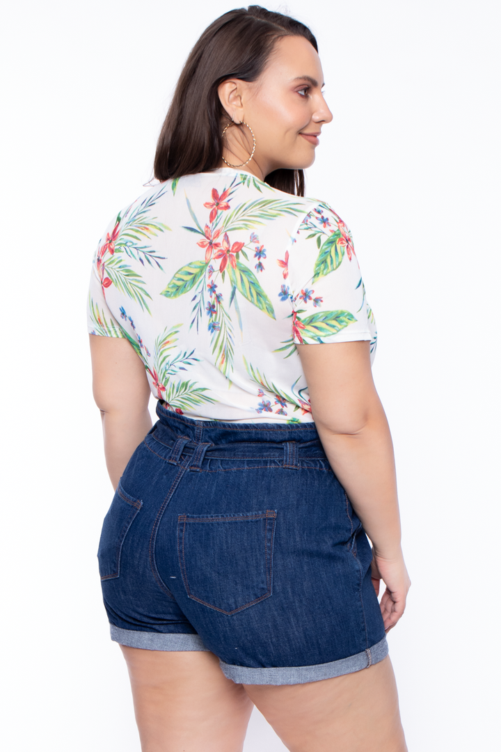 Plus Size Tropical Mesh Top - Ivory - Curvy Sense