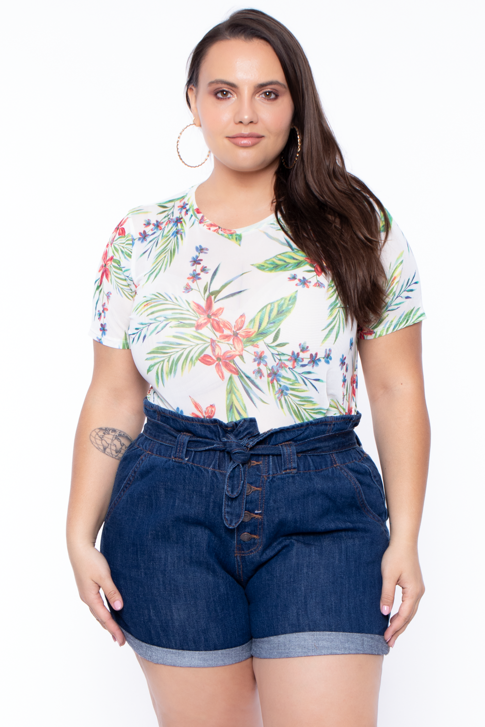 Plus Size Tropical Mesh Top - Ivory - Curvy Sense