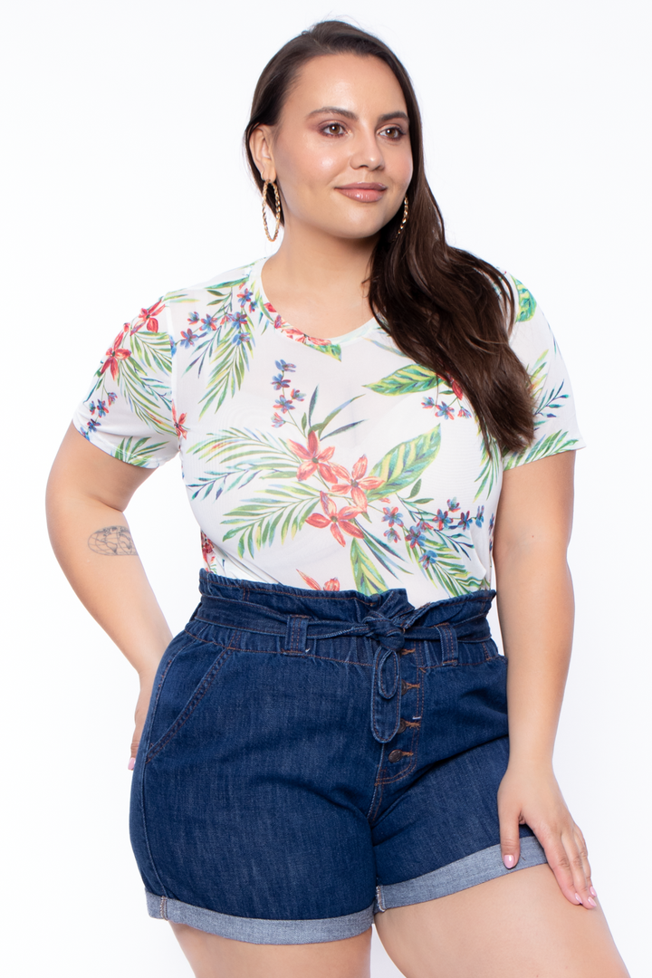 Ambiance Tops 1X / Off White Plus Size Tropical Mesh Top - Off White