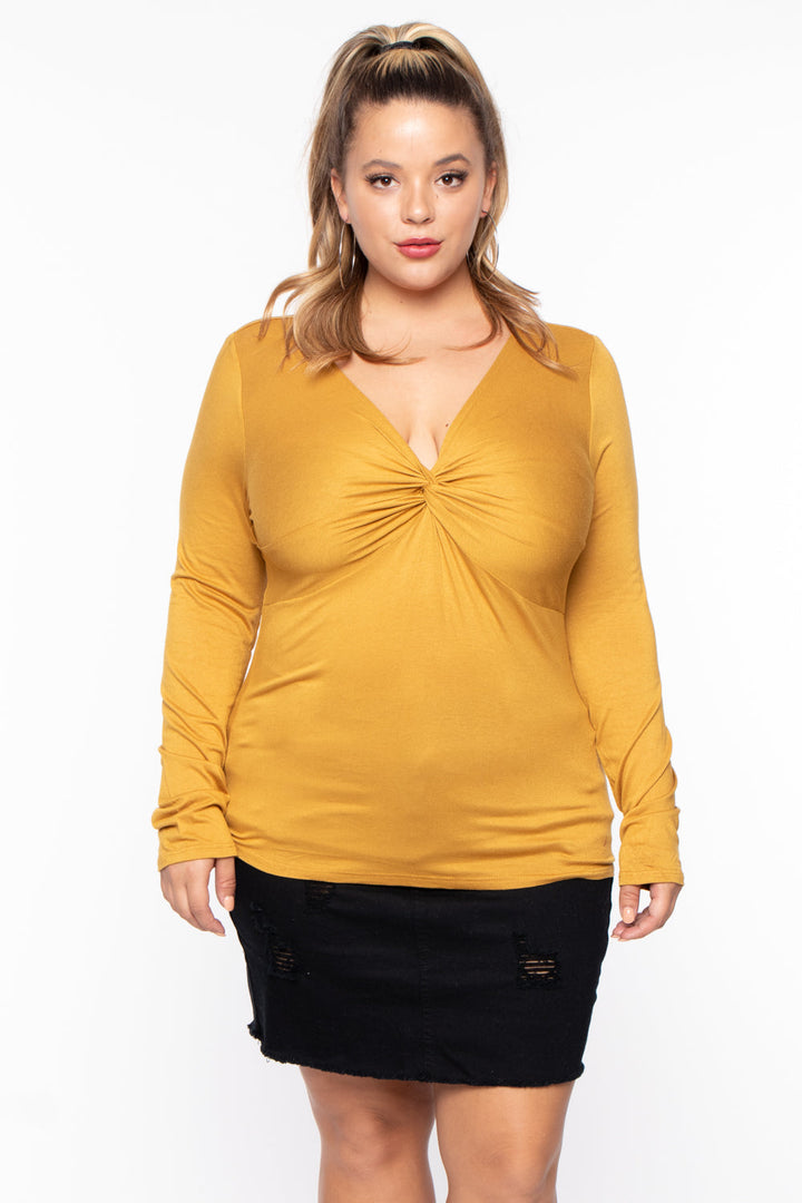 Ambiance Tops Plus Size Twist Front Top - Mustard